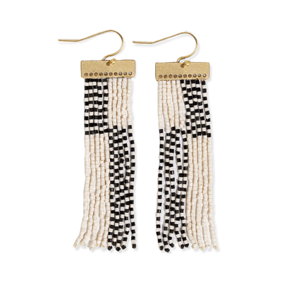 Rectangle Hanger Colorblocks with Stripes Beaded Fringe Earrings in Black/White