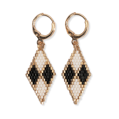 Mini Gold Hoops with Diamond Pattern Beaded Drop Earrings in Black and White