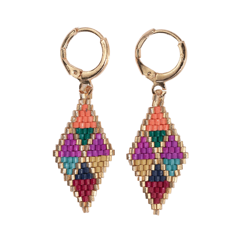 Mini Gold Hoops with Mixed Triangles Beaded Drop Earrings