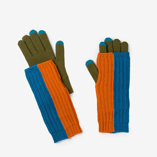 Chunky Colorblock 2-in-1 Gloves in Teal + Orange