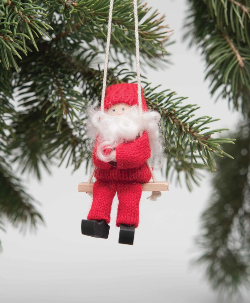Tomte Boy on Swing, Wooden Ornament from Sweden