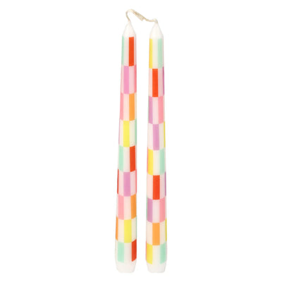 Multi Colored Check Taper Dinner Candles- 2 pack