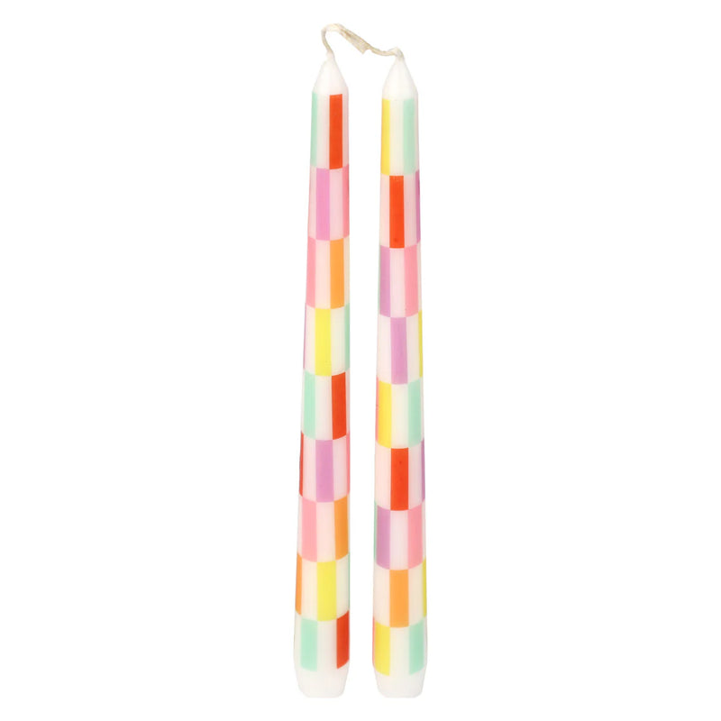 Multi Colored Check Taper Dinner Candles- 2 pack