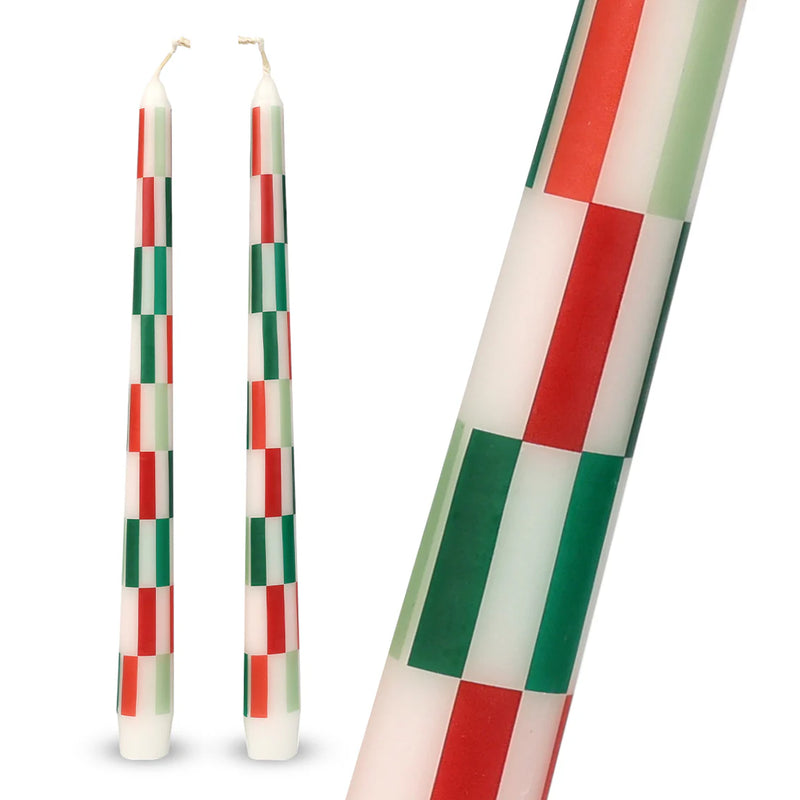 Red & Green Check Taper Dinner Candles- 2 pack