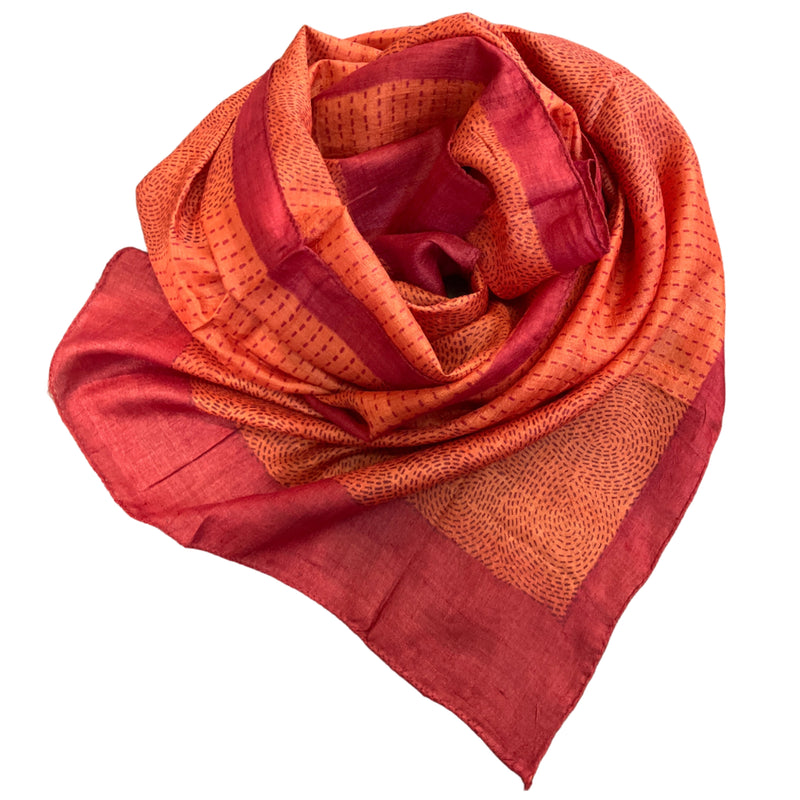 Rust Red + Orange Block Print Silk Stole