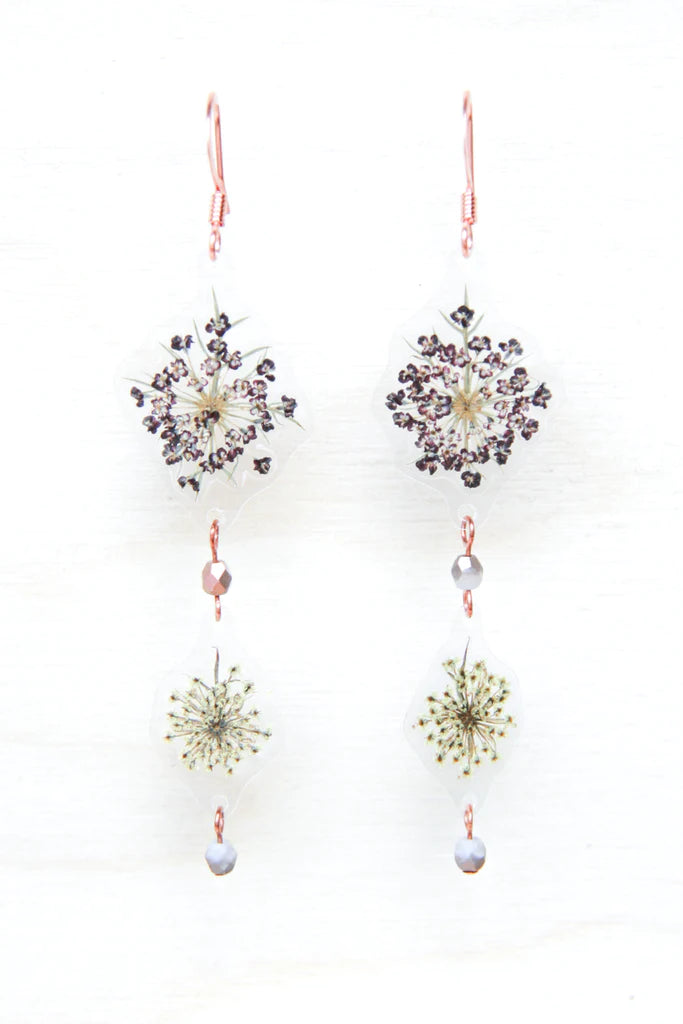 White & Purple Queen Anne’s Lace Beaded Earrings