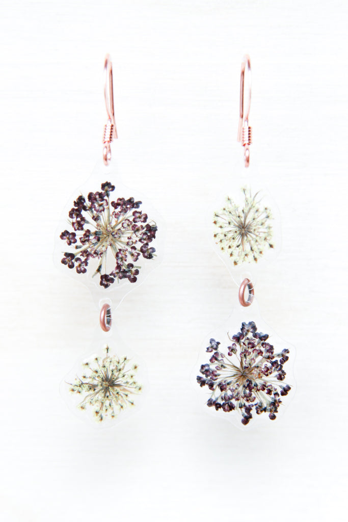 White & Purple Queen Anne’s Lace Pressed Flower Duo Earrings