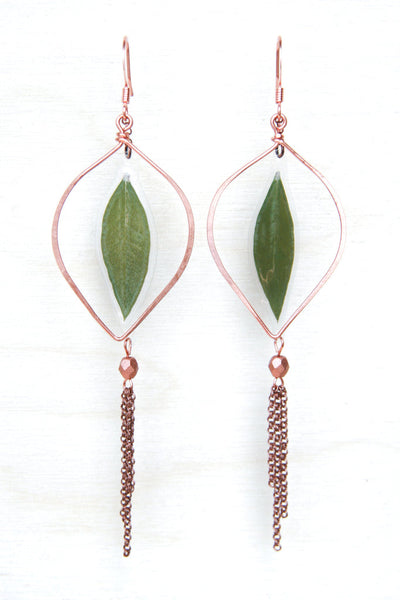 Green Myrtle Leaf Copper Hoop Earrings