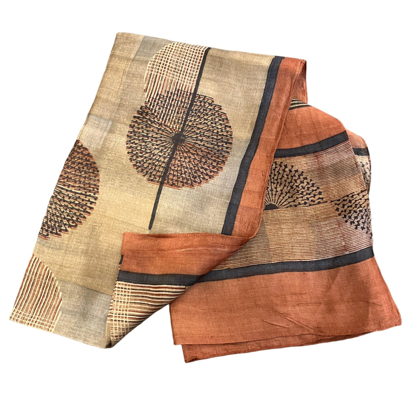 Orange to Beige Block Print Silk