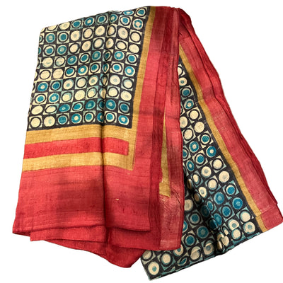 Red and Blue Block Print Silk