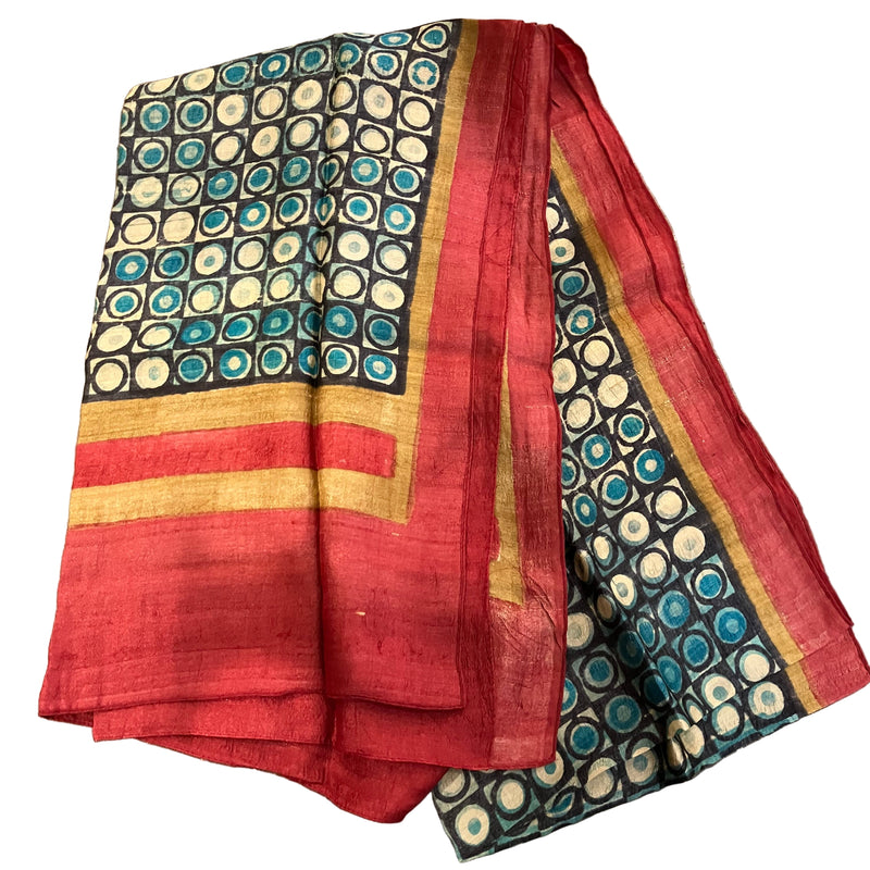 Red and Blue Block Print Silk