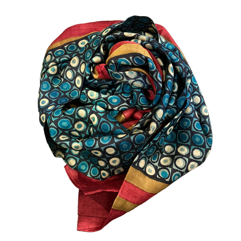 Red and Blue Block Print Silk
