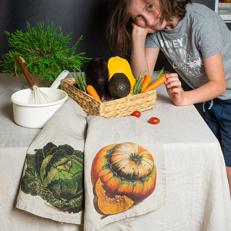 Linen Kitchen Towels Set with Pumpkin & Cabbage