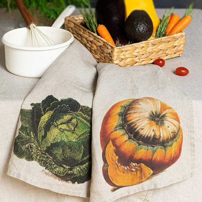 Linen Kitchen Towels Set with Pumpkin & Cabbage