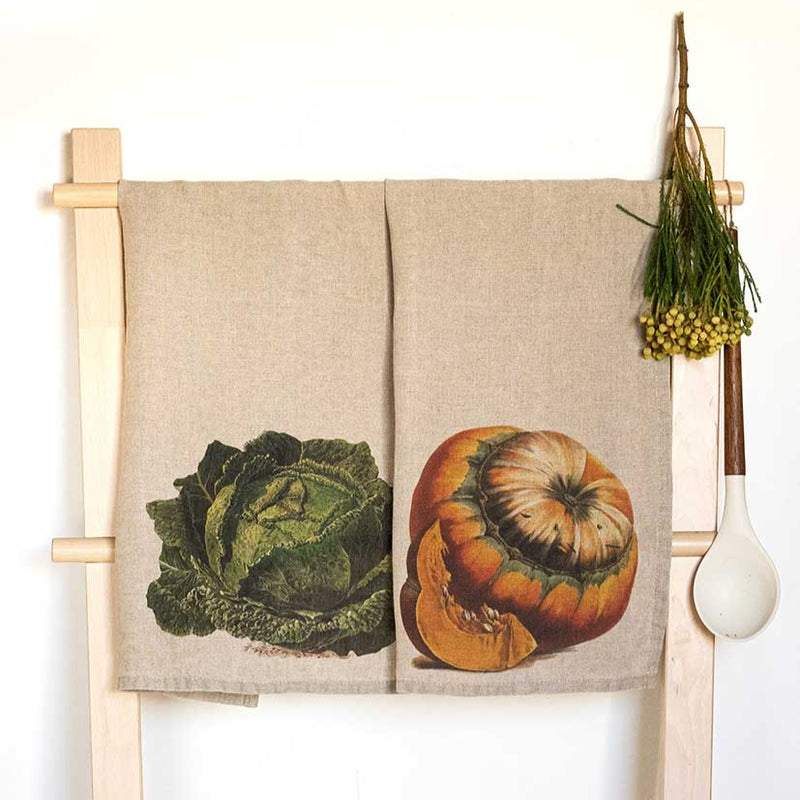 Linen Kitchen Towels Set with Pumpkin & Cabbage