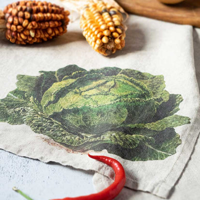 Linen Kitchen Towels Set with Pumpkin & Cabbage
