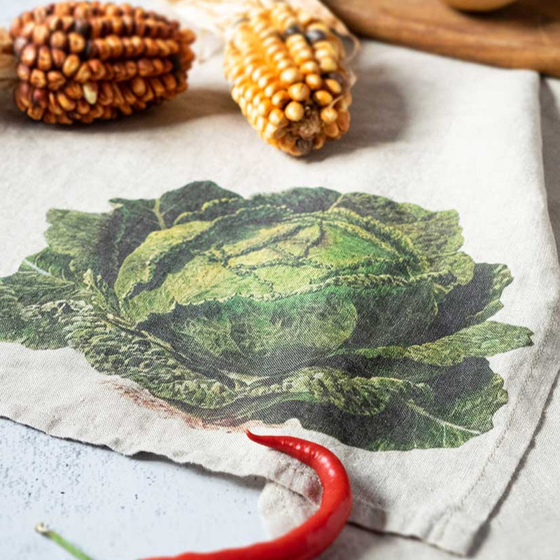 Linen Kitchen Towels Set with Pumpkin & Cabbage