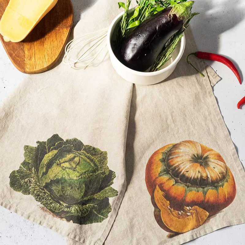Linen Kitchen Towels Set with Pumpkin & Cabbage