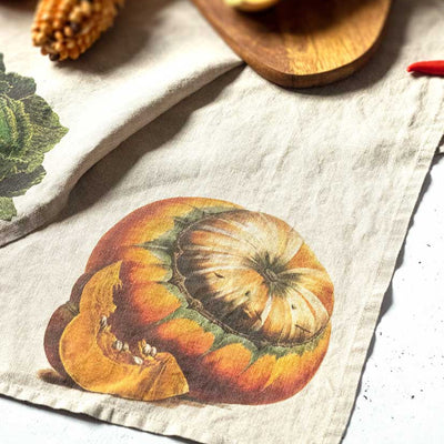 Linen Kitchen Towels Set with Pumpkin & Cabbage