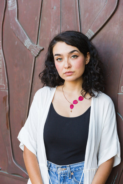 Fuchsia Bougainvillea Petal Necklace with Metallic Beads