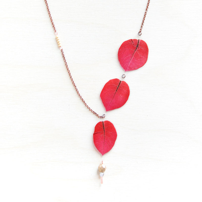 Fuchsia Bougainvillea Petal Necklace with Metallic Beads