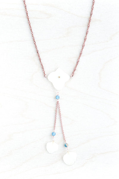 White Hydrangea Flower Lariat Necklace with Blue Beads