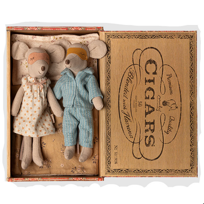 Two plush toy mice in a decorative box with 'Cigars' branding.