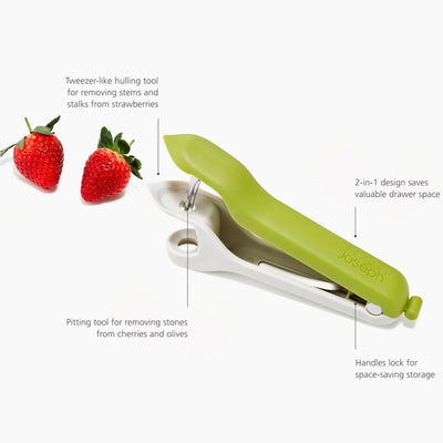 Green and white hulling tool with strawberry illustration on a white background