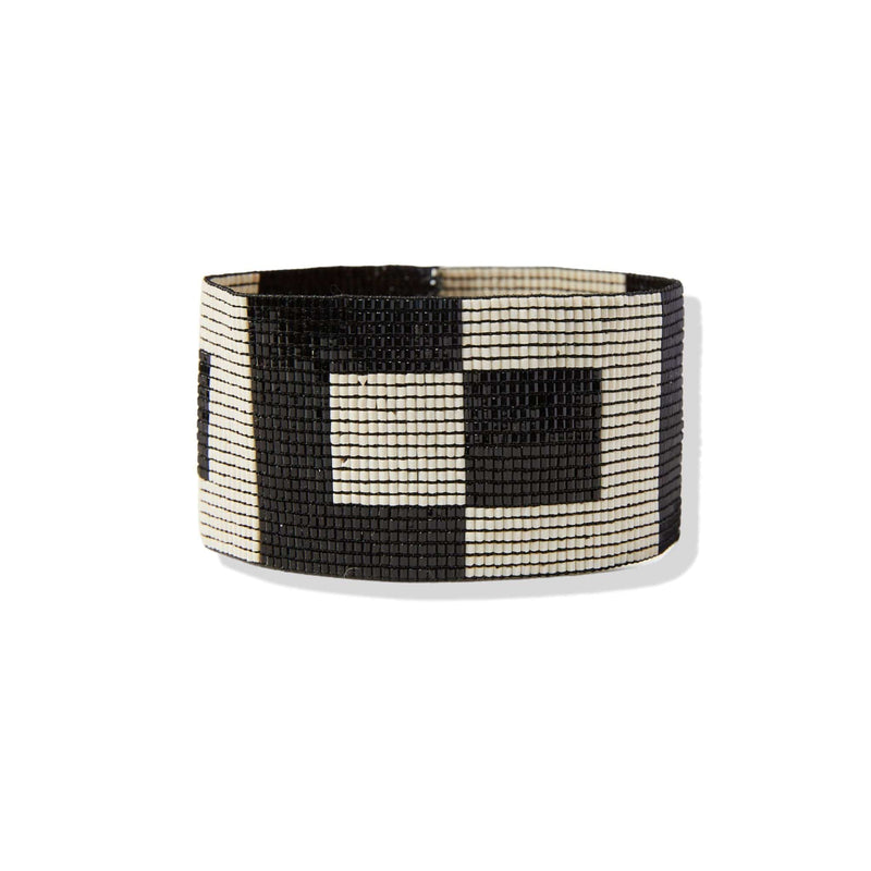 Two Color Squares Beaded Stretch Bracelet in Black