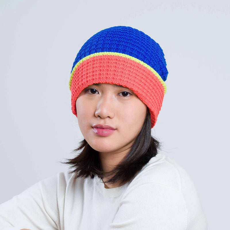 Waffle Knit Beanie in Poppy + Cobalt