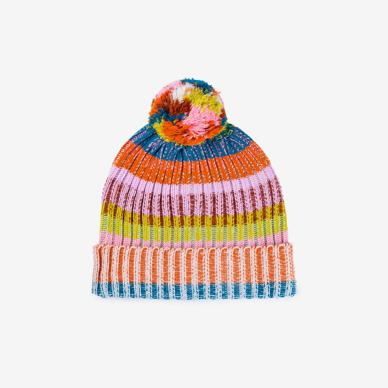 Mosaic Stripe Pom Beanie in Rust + Lilac
