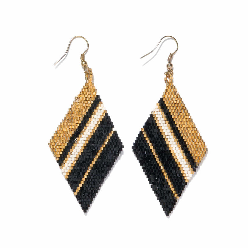 Diagonal Uneven Stripe Beaded Earrings in Black