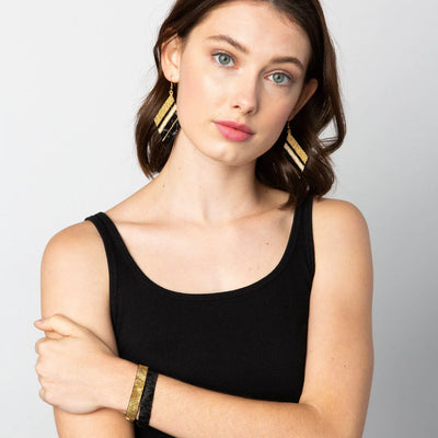Diagonal Uneven Stripe Beaded Earrings in Black