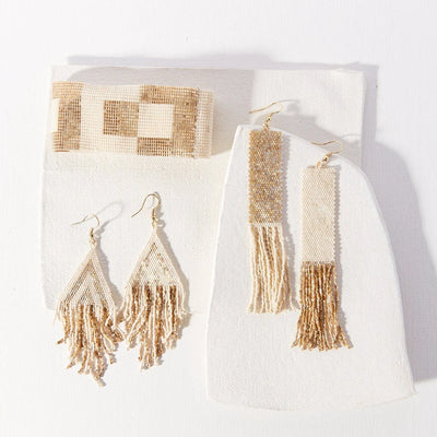 Mirror Image Beaded Fringe Earrings in Gold