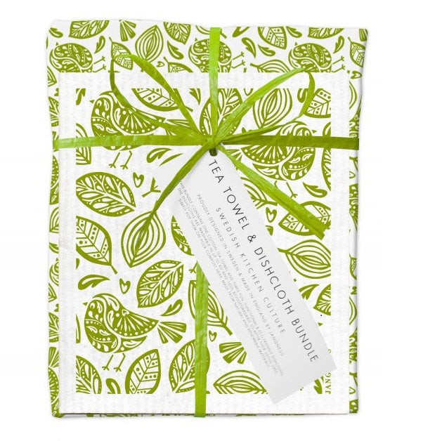 Swedish Dishcloth and Tea Towel Bundle, Robins Green