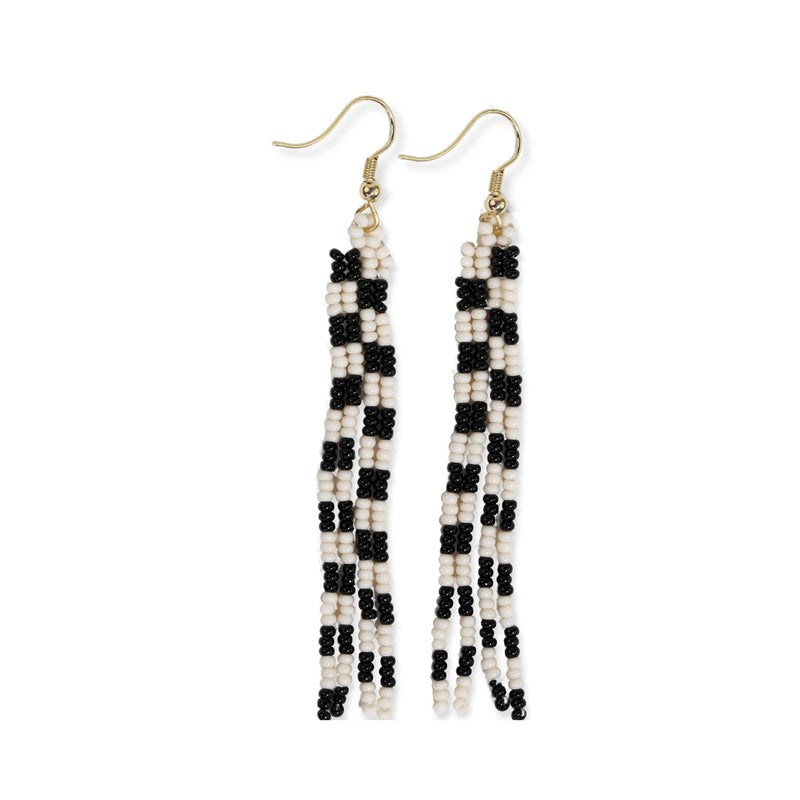 Mini Checked Pattern Petite Beaded Fringe Earrings in Black and White