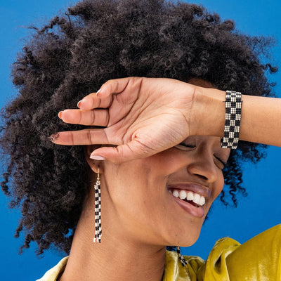 Mini Checked Pattern Petite Beaded Fringe Earrings in Black and White