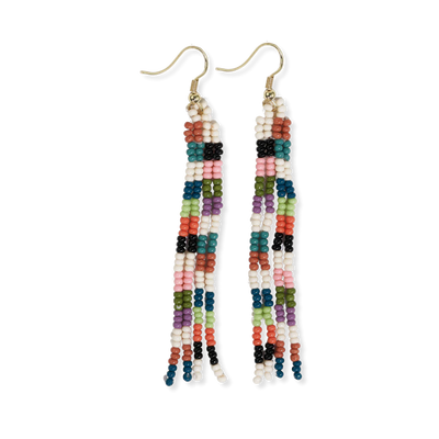Mini Checked Pattern Petite Beaded Fringe Earrings Multi-Check