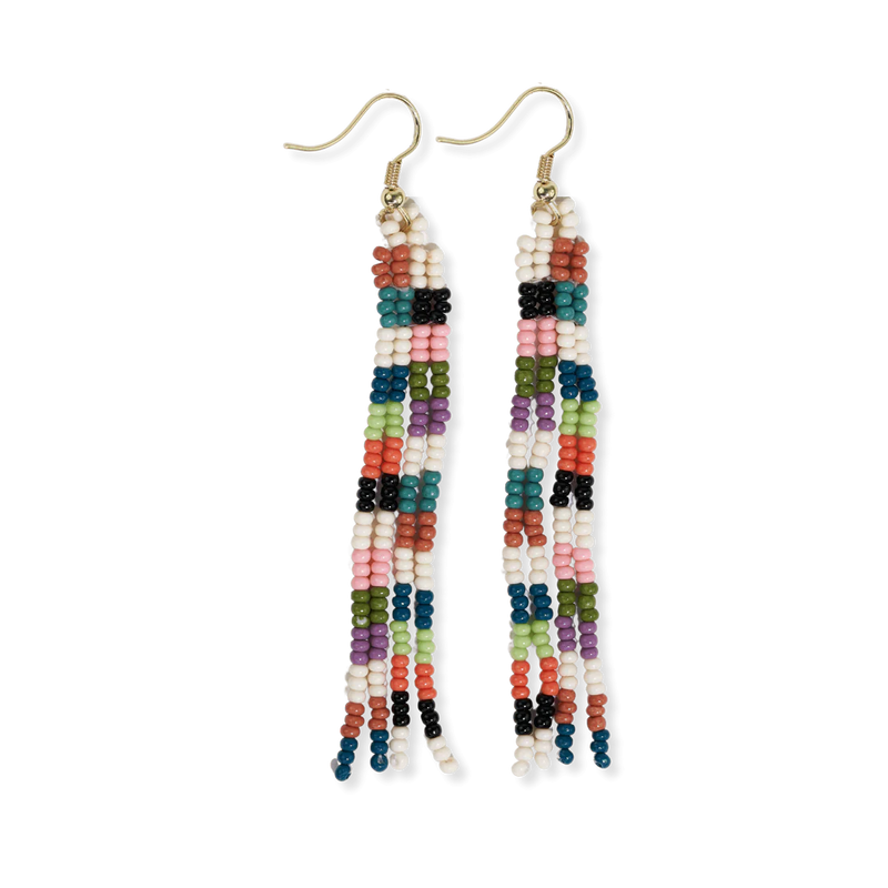 Mini Checked Pattern Petite Beaded Fringe Earrings Multi-Check