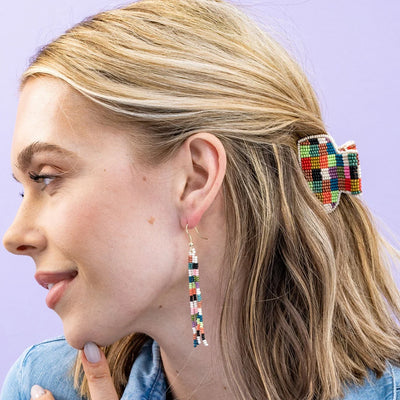 Mini Checked Pattern Petite Beaded Fringe Earrings Multi-Check