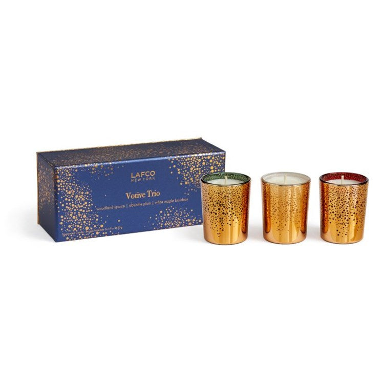 Votive Candles, Holiday Trio Set - Woodland Spruce, Absinthe Plum, and White Maple Bourbon
