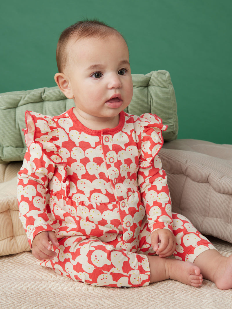 Snap Front Ruffle Baby Romper, Spotted Mushrooms