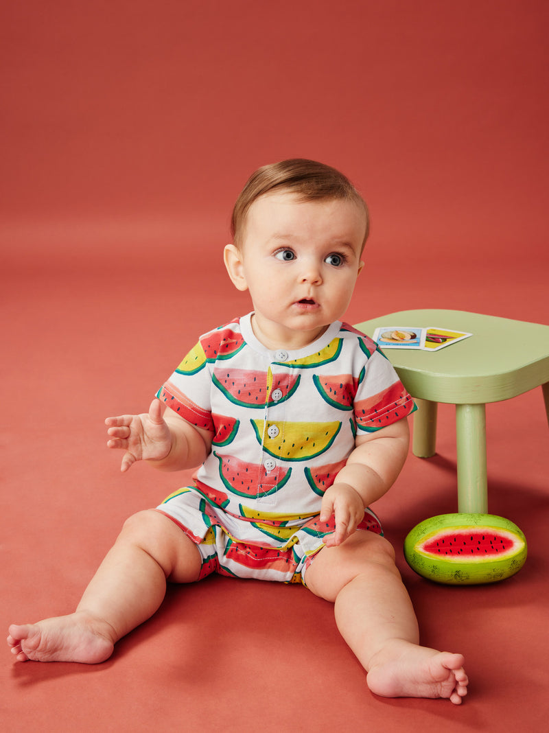 Henley Baby Romper, Painted Watermelon