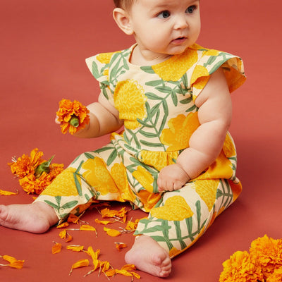 Tulip Sleeve Baby Romper, Marigold Delight