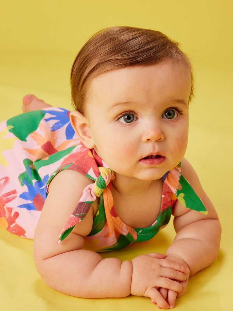 Tie Shoulder Baby Romper in Mexican Sunflowers