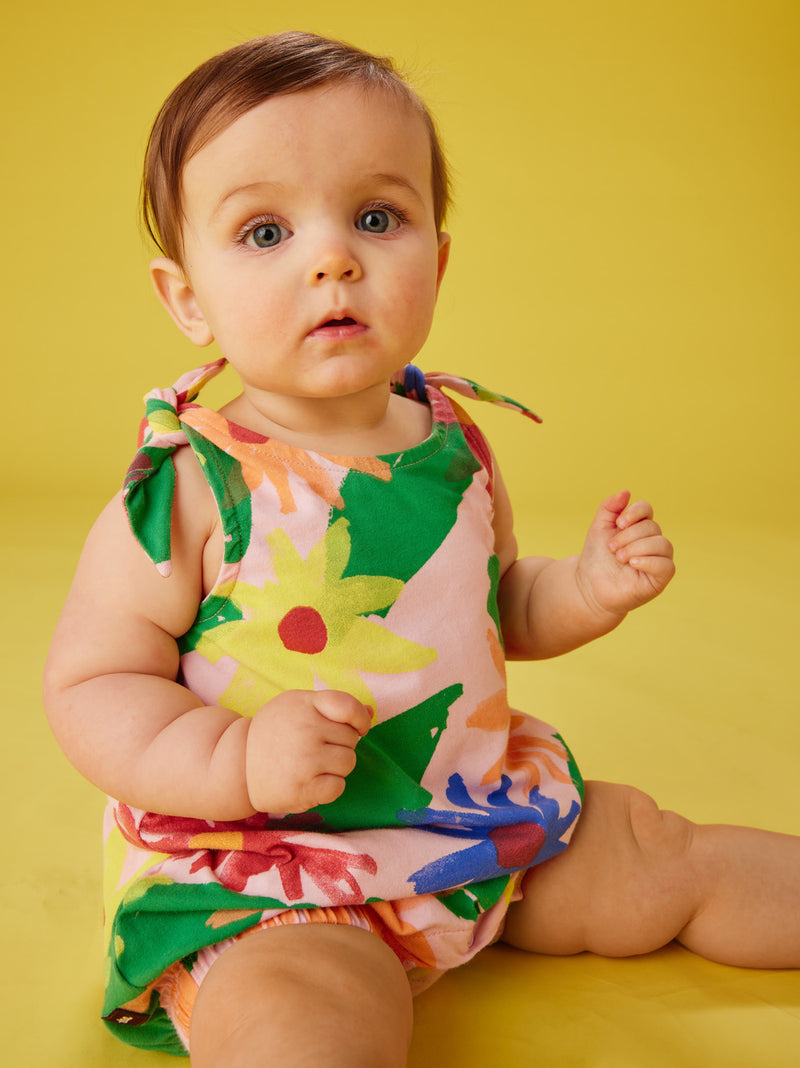 Tie Shoulder Baby Romper in Mexican Sunflowers