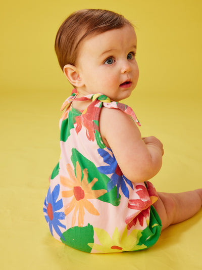 Tie Shoulder Baby Romper in Mexican Sunflowers