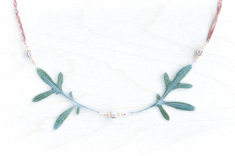 Green Dusty Miller Leaf Beaded Wings Necklace