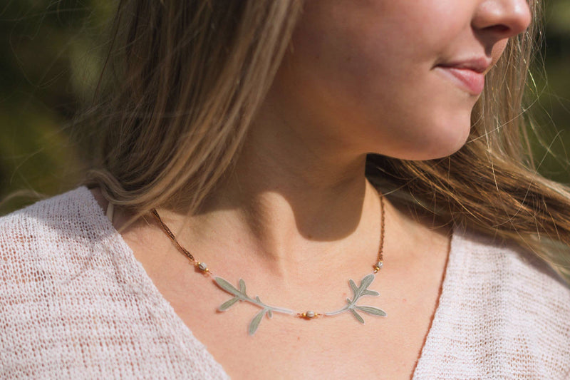 Green Dusty Miller Leaf Beaded Wings Necklace