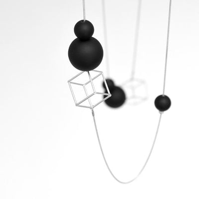 Cube and Orbs Long Necklace, Silver + Black